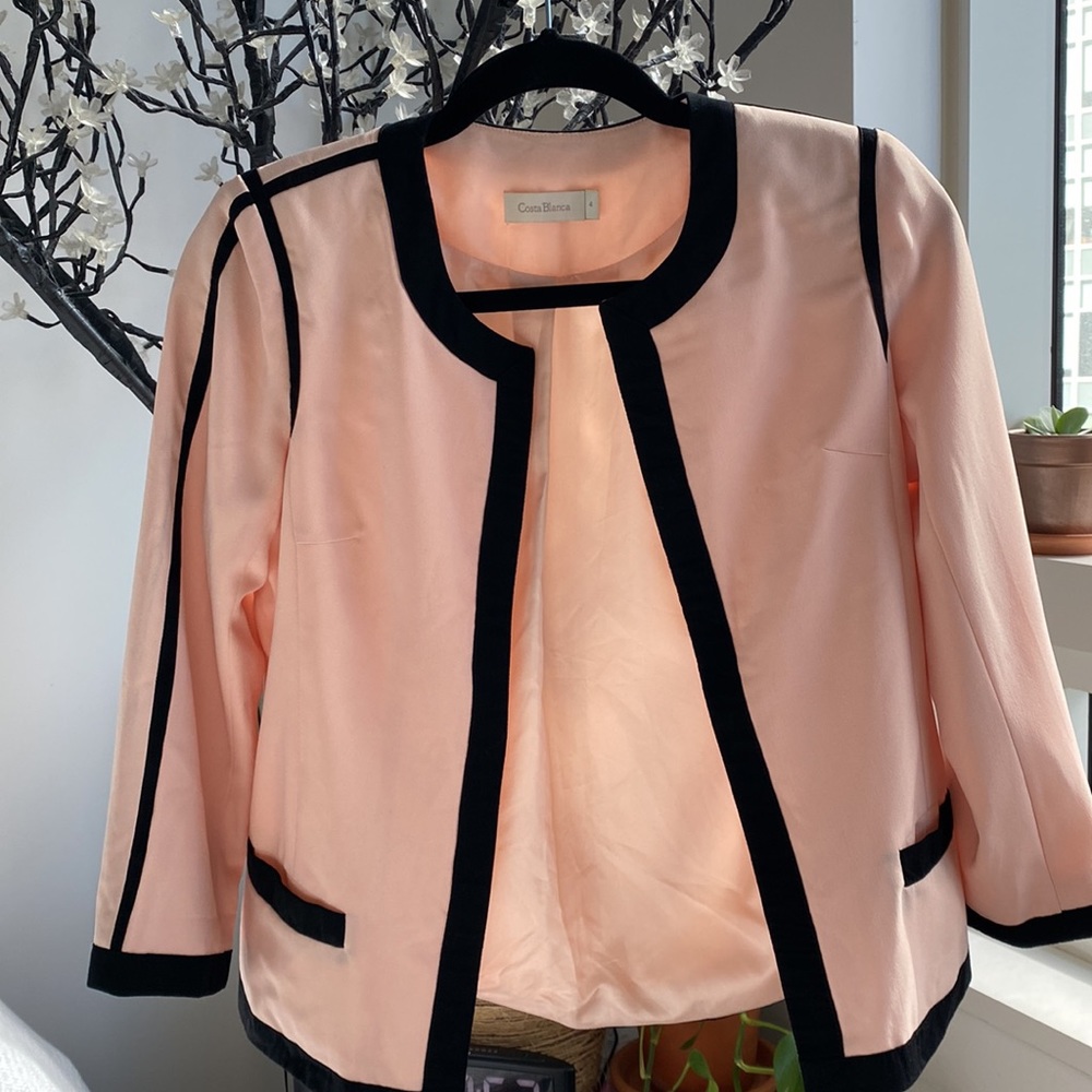 Costa Blanca, Blush Pink Blazer with Black Trim, Size 4